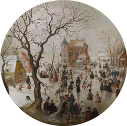 Eine Winterszene mit Schlittschuhläufern in der Nähe eines Schlosses